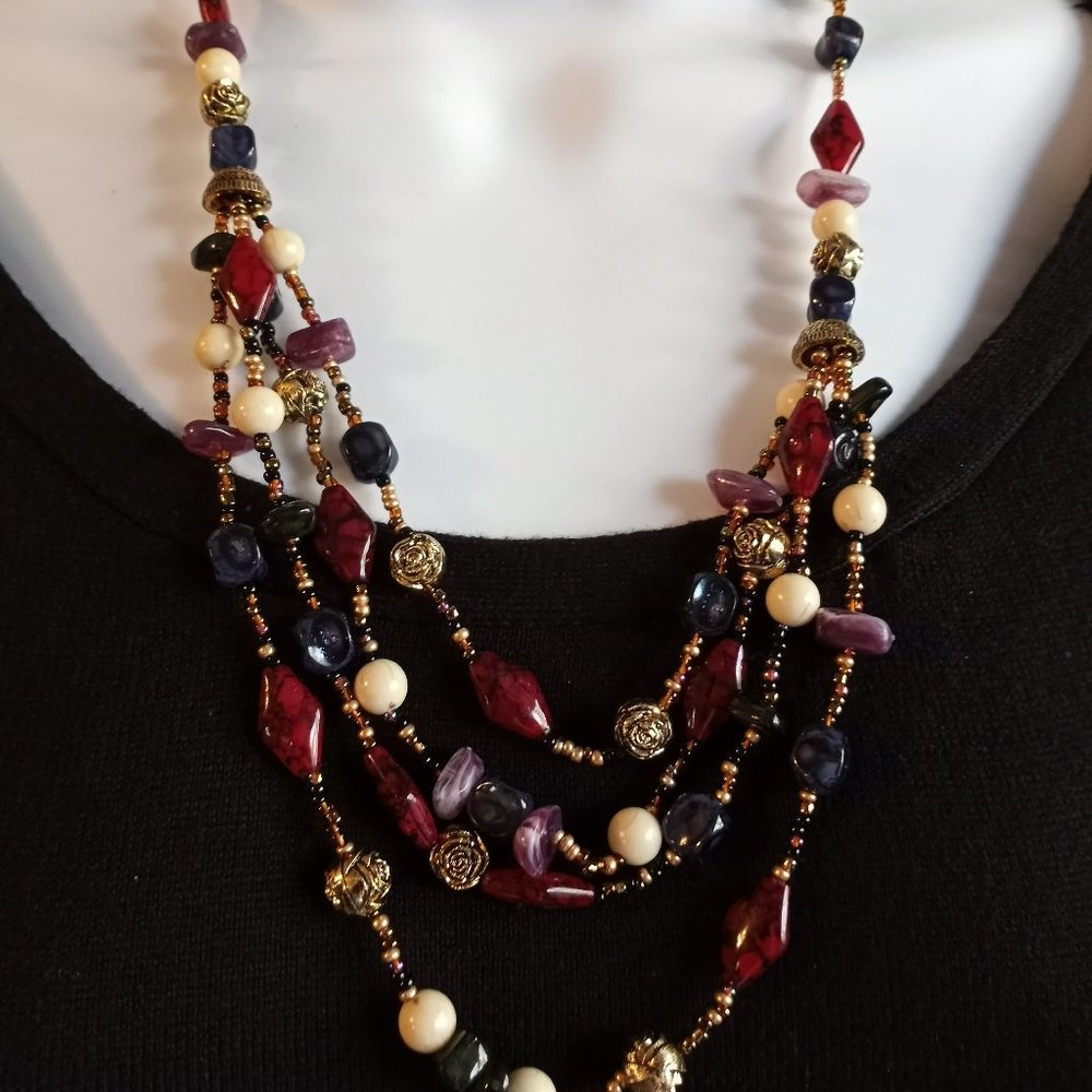 Bundle Deep Red Dk. Blue Lavender Gold Bone EUC Earrings 22" Necklace-Item #150